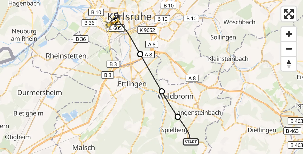 Flugroute Ambulanzhubschrauber Karlsbad - Sankt Vincentius Hospital, 23 Juli 2026, 14:05