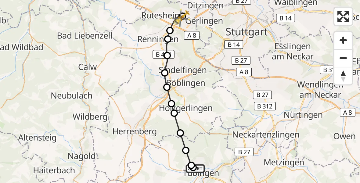 Flugroute Rettungshubschrauber Tübingen University Hospital - Leonberg Hospital, 23 Juli 2026, 14:09