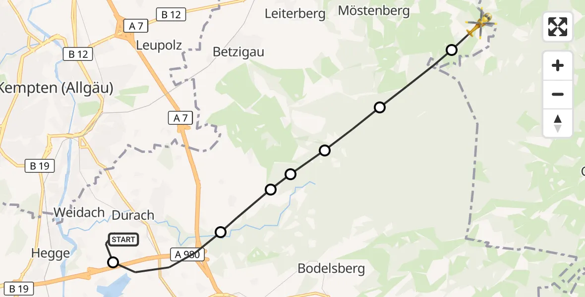 Flugroute Rettungshubschrauber Kempten-Durach Flugplatz - Betzigau, 23 Juli 2026, 14:12