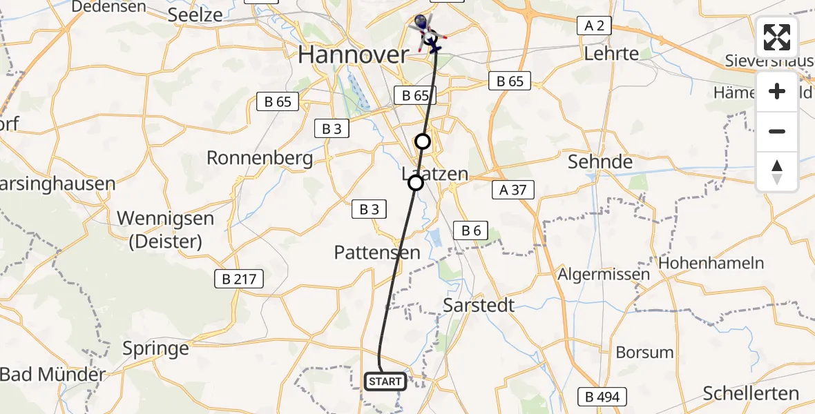 Flugroute Polizeihubschrauber Pattensen - Hannover Luftrettung Hubschrauberlandeplatz (Christoph 4), 23 Juli 2026, 14:12