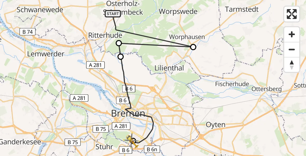 Flugroute Rettungshubschrauber Osterholz-Scharmbeck - ADAC Air Rescue Station Bremen Hubschrauberlandeplatz (Christoph 6), 23 Juli 2026, 14:14