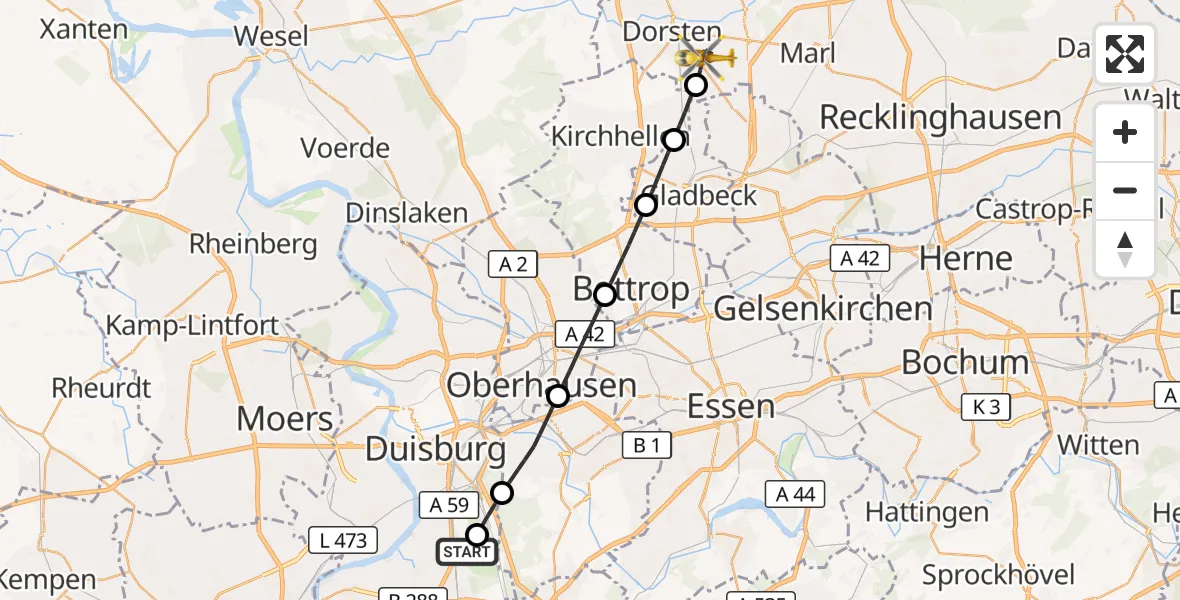 Flugroute Rettungshubschrauber Duisburg Air Rescue Hubschrauberlandeplatz (Christoph 9) - Dorsten, 23 Juli 2026, 14:14