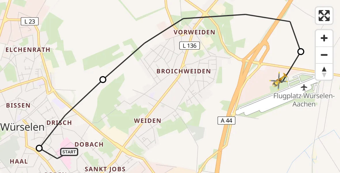 Flugroute Rettungshubschrauber Rhein-Maas Hospital - Aachen-Merzbrück Flughafen, 23 Juli 2026, 14:15