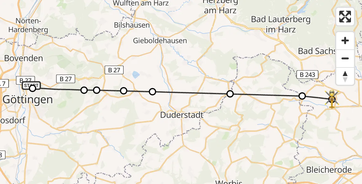 Flugroute Rettungshubschrauber Göttingen University Clinic Hubschrauberlandeplatz - Hohenstein UL, 23 Juli 2026, 14:15