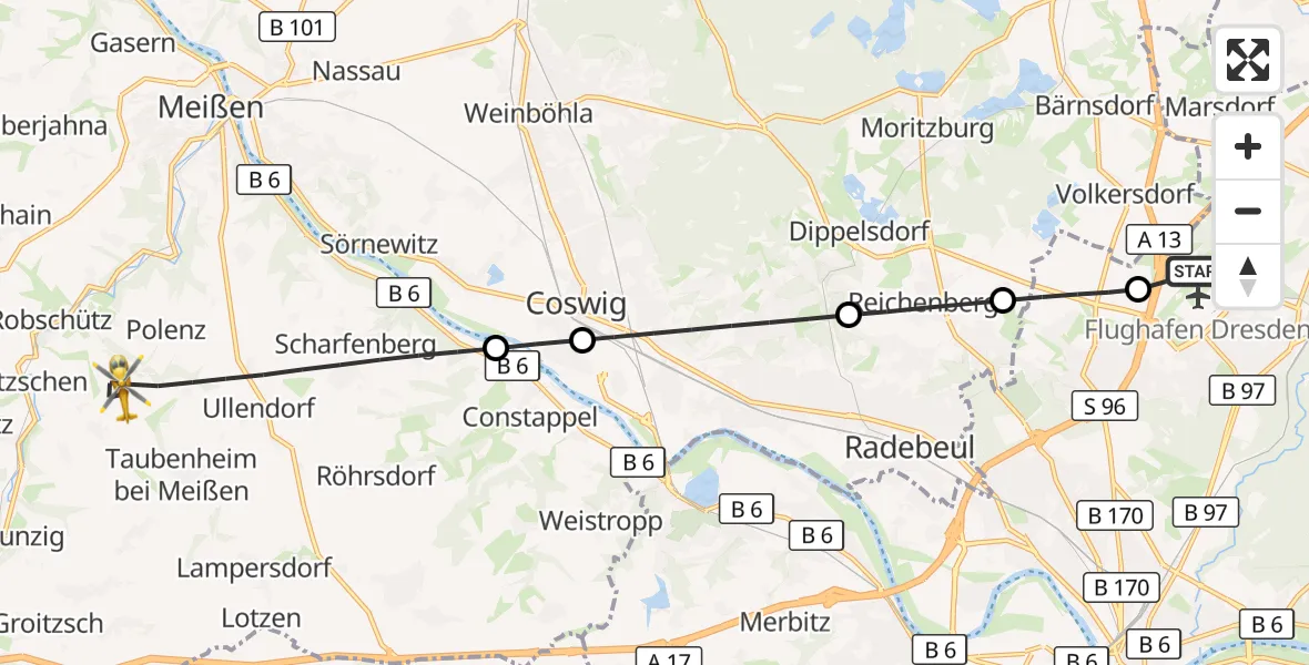 Flugroute Rettungshubschrauber Dresden Flughafen - Klipphausen, 23 Juli 2026, 14:18