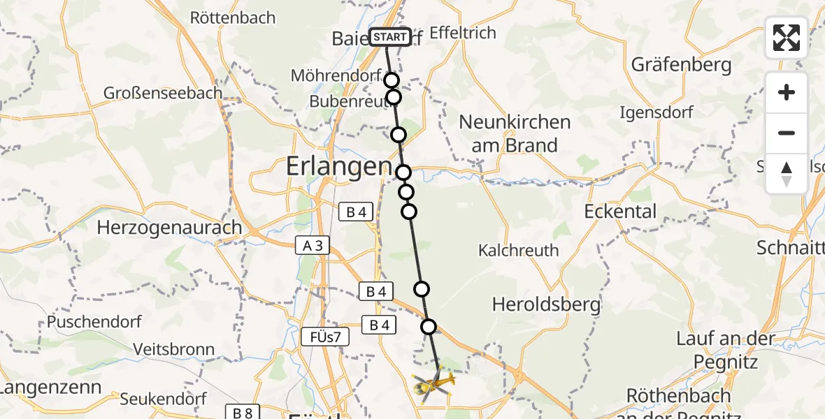 Flugroute Ambulanzhubschrauber Baiersdorf - Flughafen Nuremberg, 23 Juli 2026, 14:25