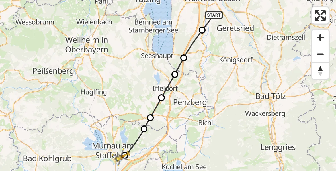 Flugroute Rettungshubschrauber Geretsried - Murnau a.Staffelsee, 23 Juli 2026, 14:28
