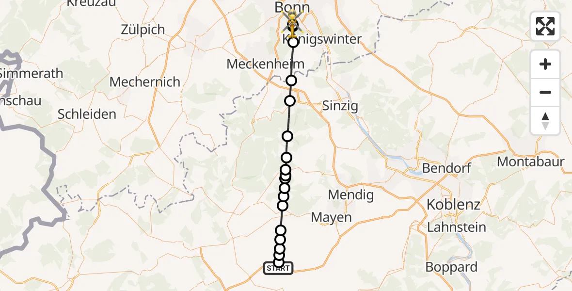 Flugroute Rettungshubschrauber Laubach - Bonn University Hospital, 23 Juli 2026, 14:29