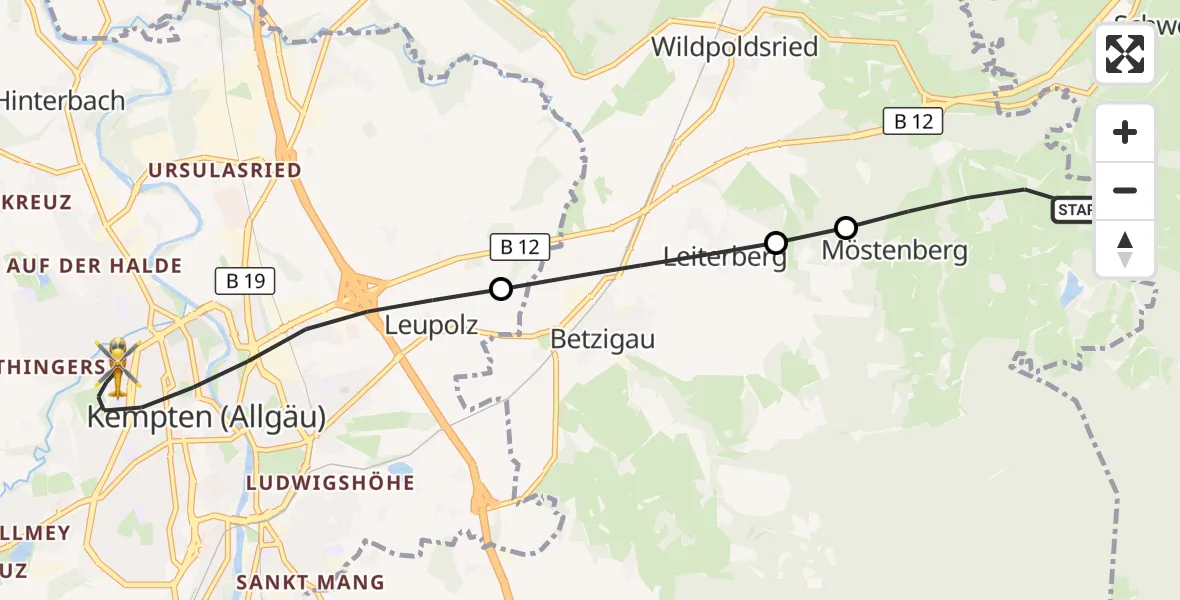 Flugroute Rettungshubschrauber Betzigau - Kempten (Allgäu), 23 Juli 2026, 14:30