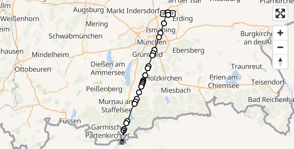 Flugroute Polizeihubschrauber München Flughafen - Mittenwald, 23 Juli 2026, 14:34