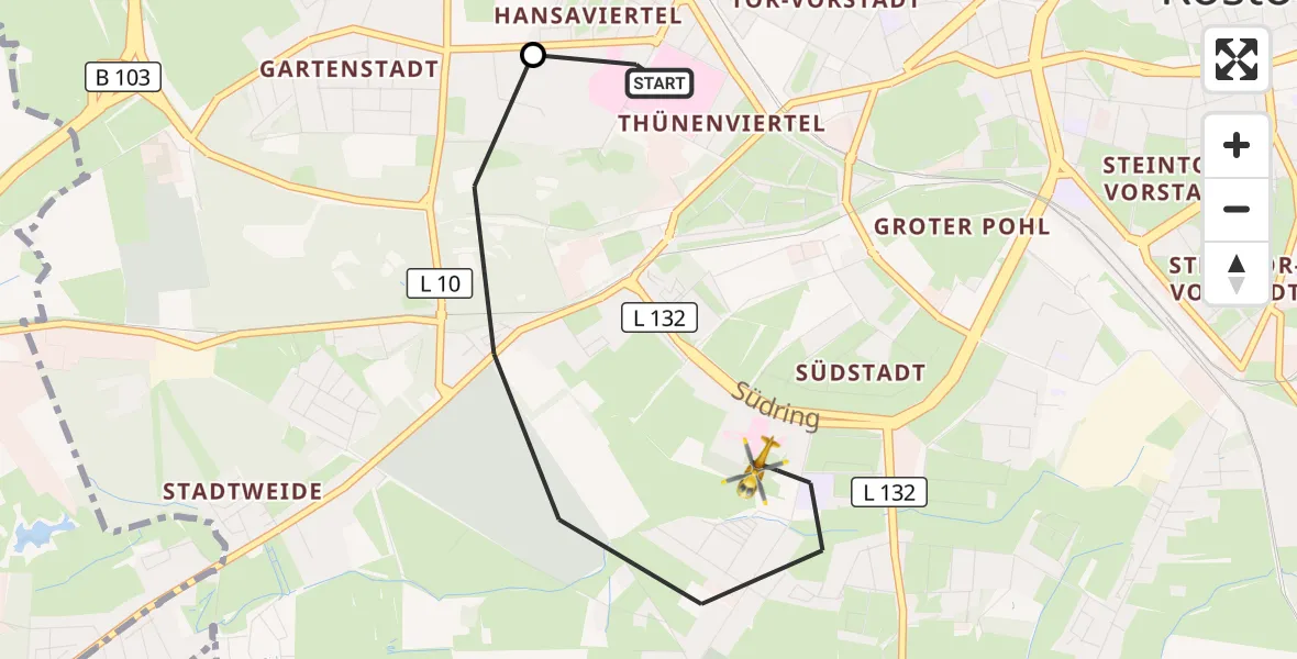 Flugroute Rettungshubschrauber Rostock University Hubschrauberlandeplatz - Rostock, 23 Juli 2026, 14:35
