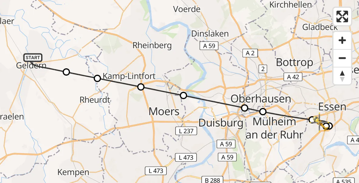 Flugroute Ambulanzhubschrauber Geldern - Essen, 23 Juli 2026, 14:35