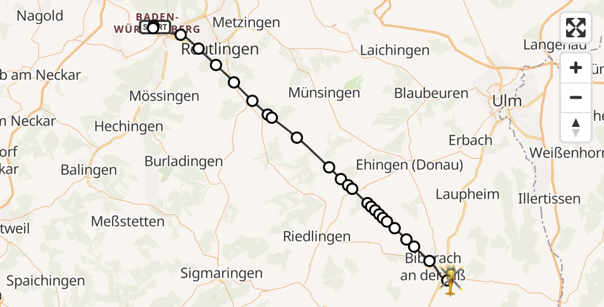 Flugroute Rettungshubschrauber Tübingen Trauma Hospital - Ummendorf, 23 Juli 2026, 14:45