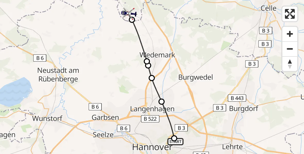 Flugroute Polizeihubschrauber Hannover Luftrettung Hubschrauberlandeplatz (Christoph 4) - Lindwedel, 23 Juli 2026, 14:47