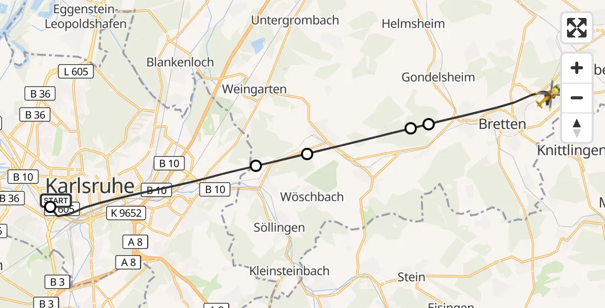 Flugroute Ambulanzhubschrauber Sankt Vincentius Hospital - Bretten, 23 Juli 2026, 14:49