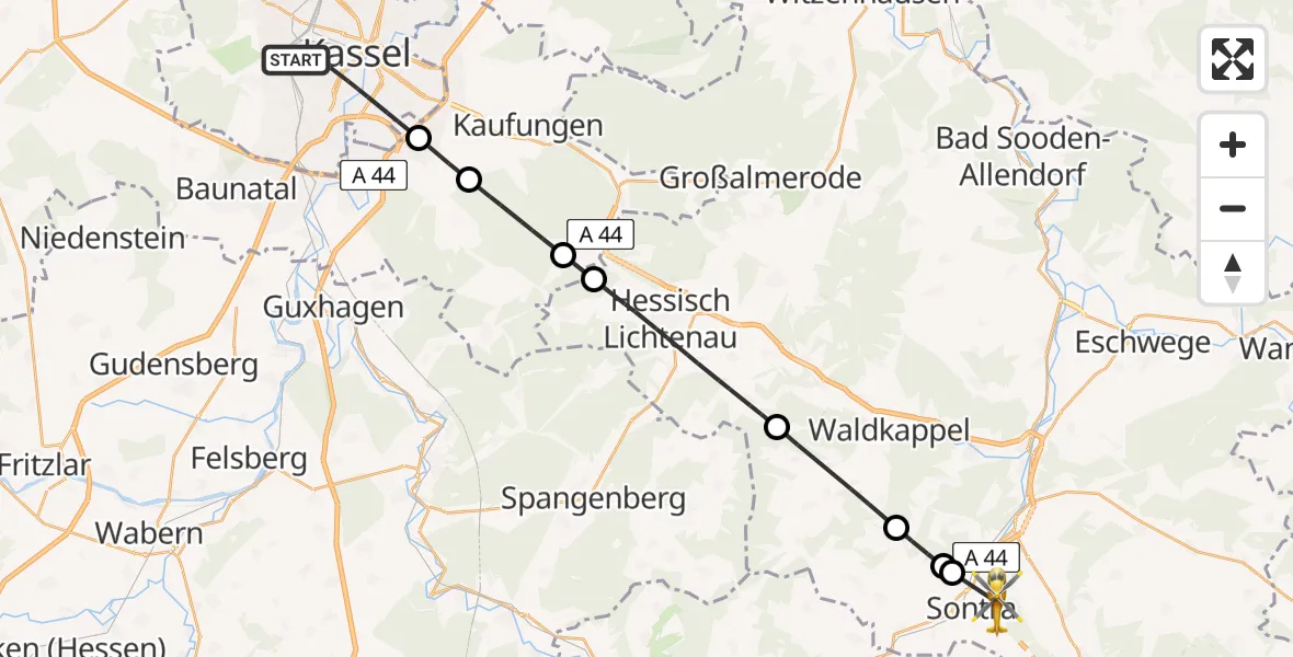 Flugroute Rettungshubschrauber Kassel - Sontra, 23 Juli 2026, 14:52