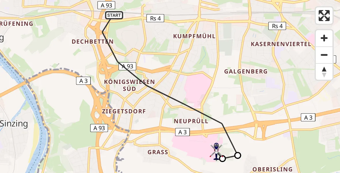Flugroute Polizeihubschrauber Regensburg - DRF Air Rescue Station Regensburg / Regensburg University Hospital, 23 Juli 2026, 14:56