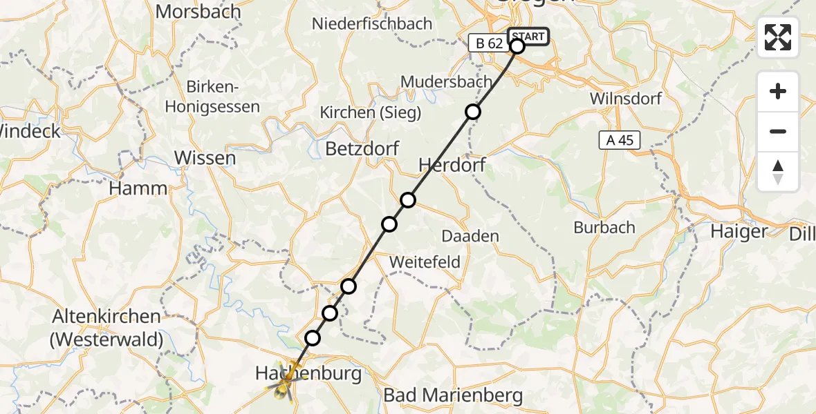 Flugroute Rettungshubschrauber Evangelisches Jung-Stilling Hospital - Hachenburg, 23 Juli 2026, 14:59
