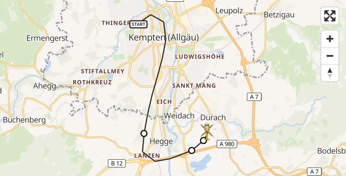 Flugroute Rettungshubschrauber Kempten (Allgäu) - Kempten-Durach Flugplatz, 23 Juli 2026, 15:01