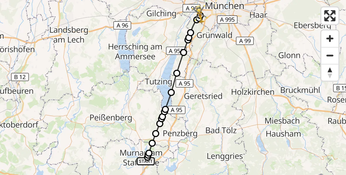 Flugroute Rettungshubschrauber Murnau a.Staffelsee - DRF Air Rescue München Hubschrauberlandeplatz, 23 Juli 2026, 15:07
