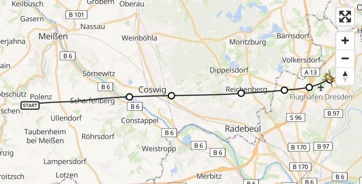Flugroute Rettungshubschrauber Klipphausen - Dresden Bundespolizei Hubschrauberlandeplatz, 23 Juli 2026, 15:09
