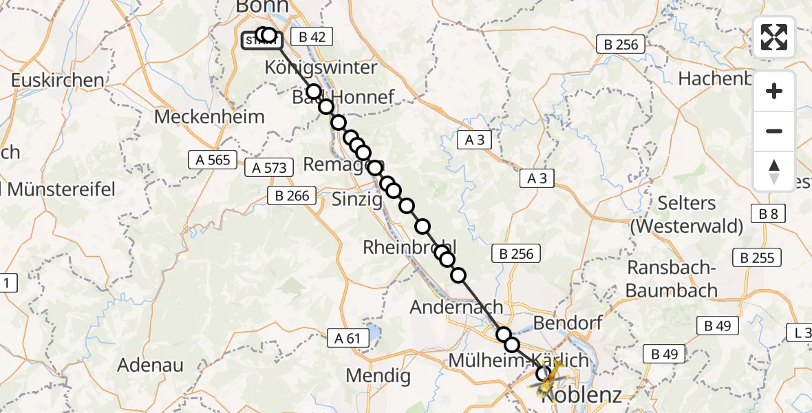 Flugroute Rettungshubschrauber Bonn University Hospital - Koblenz, 23 Juli 2026, 15:10