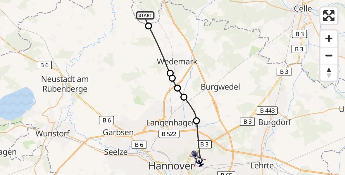 Flugroute Polizeihubschrauber Lindwedel - Hannover Luftrettung Hubschrauberlandeplatz (Christoph 4), 23 Juli 2026, 15:16