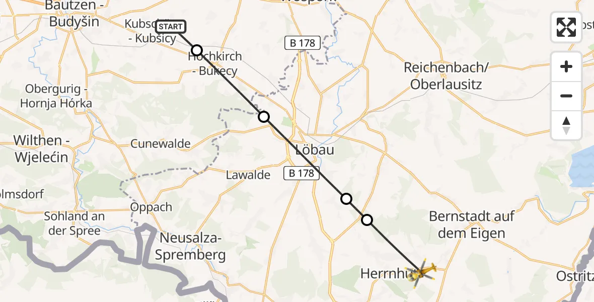 Flugroute Rettungshubschrauber Kubschütz - Herrnhut, 23 Juli 2026, 15:18