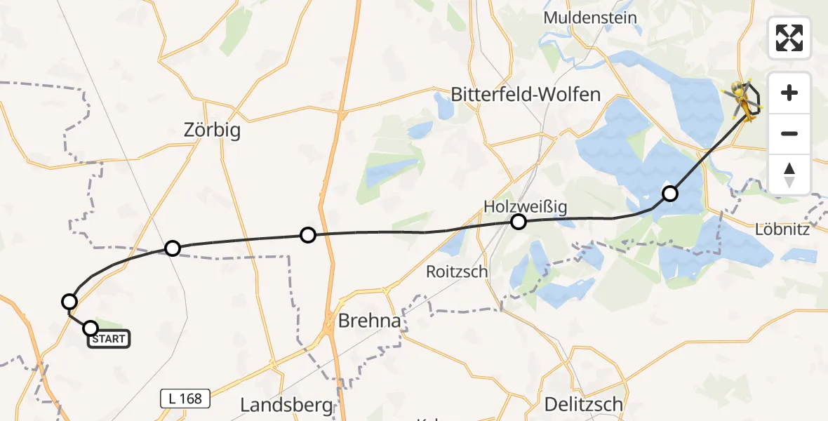 Flugroute Rettungshubschrauber Halle-Oppin Flugplatz - Muldestausee, 23 Juli 2026, 15:19