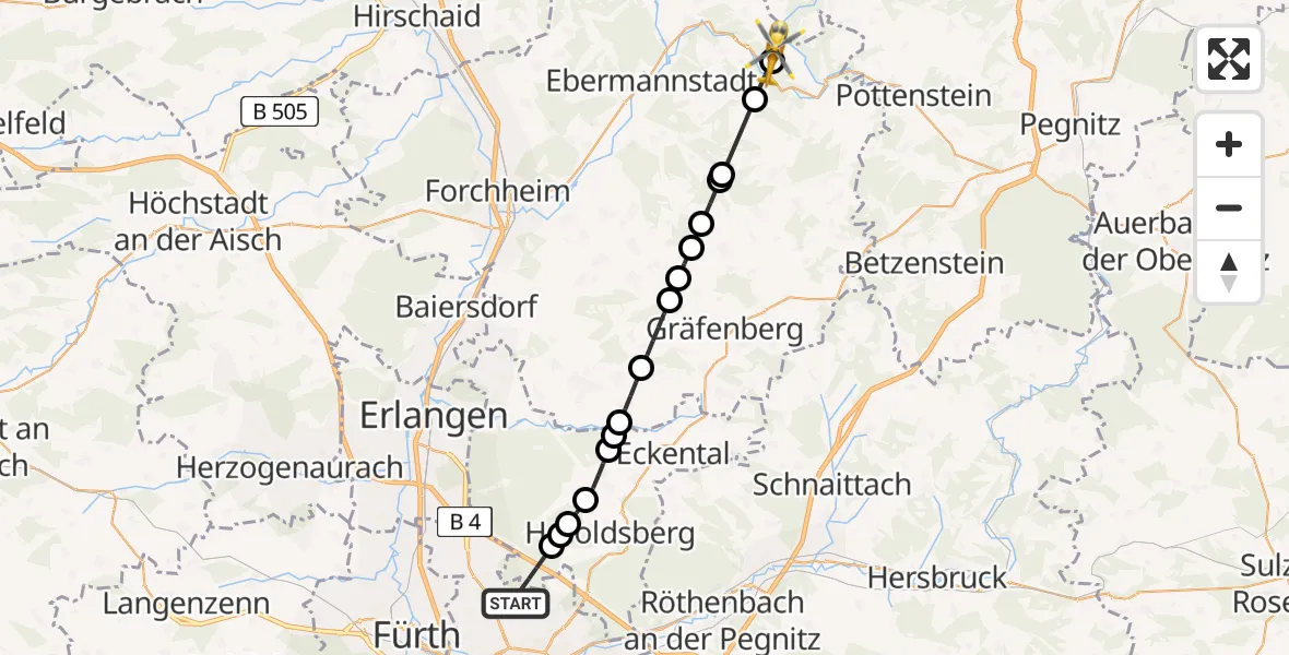 Flugroute Ambulanzhubschrauber Flughafen Nuremberg - Wiesenttal, 23 Juli 2026, 15:26
