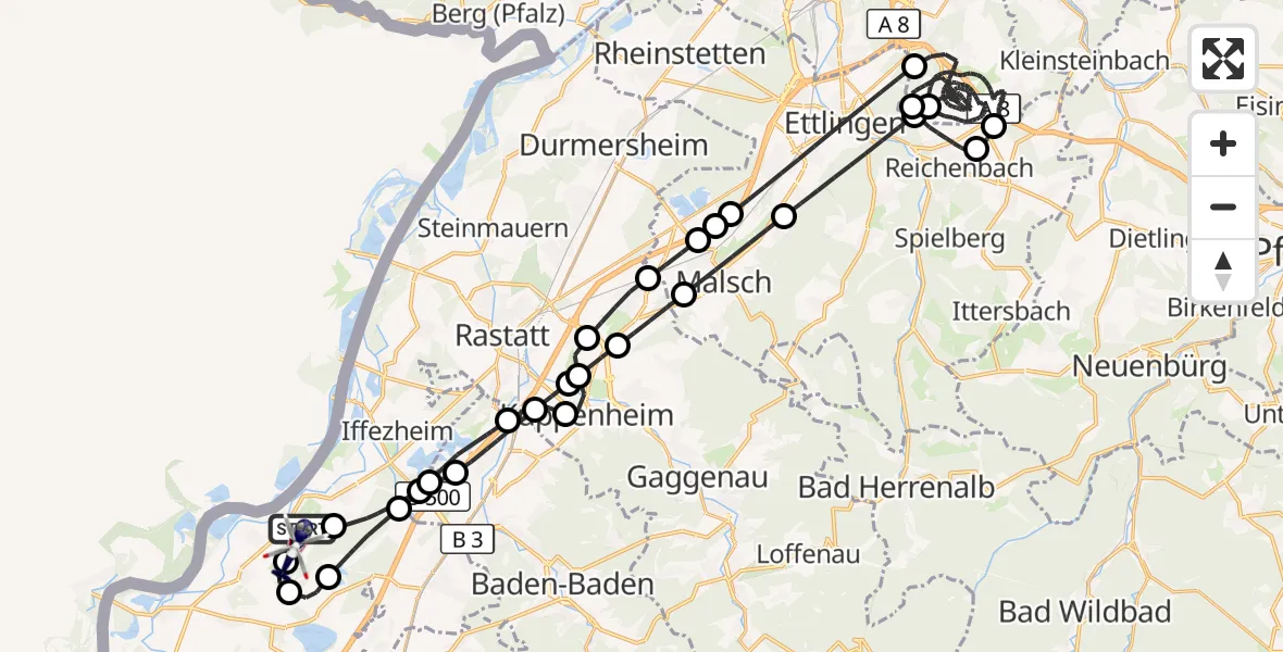 Flugroute Polizeihubschrauber Karlsruhe Baden-Baden Flughafen - Karlsruhe Baden-Baden Flughafen, 23 Juli 2026, 15:28
