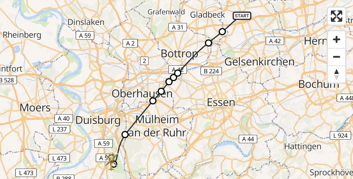 Flugroute Rettungshubschrauber Gelsenkirchen - Duisburg Air Rescue Hubschrauberlandeplatz (Christoph 9), 23 Juli 2026, 15:30