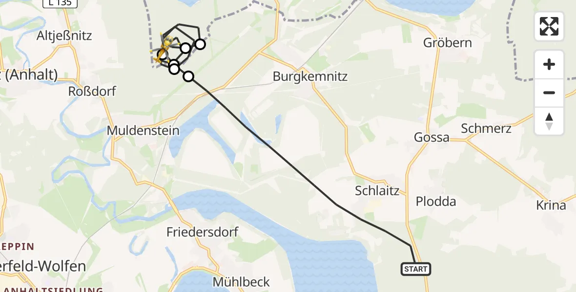 Flugroute Rettungshubschrauber Muldestausee - Gräfenhainichen, 23 Juli 2026, 15:35