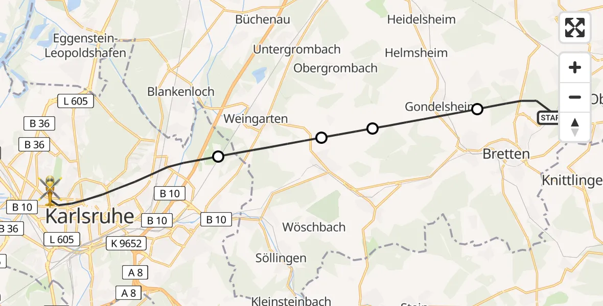 Flugroute Ambulanzhubschrauber Bretten - Karlsruhe, 23 Juli 2026, 15:40