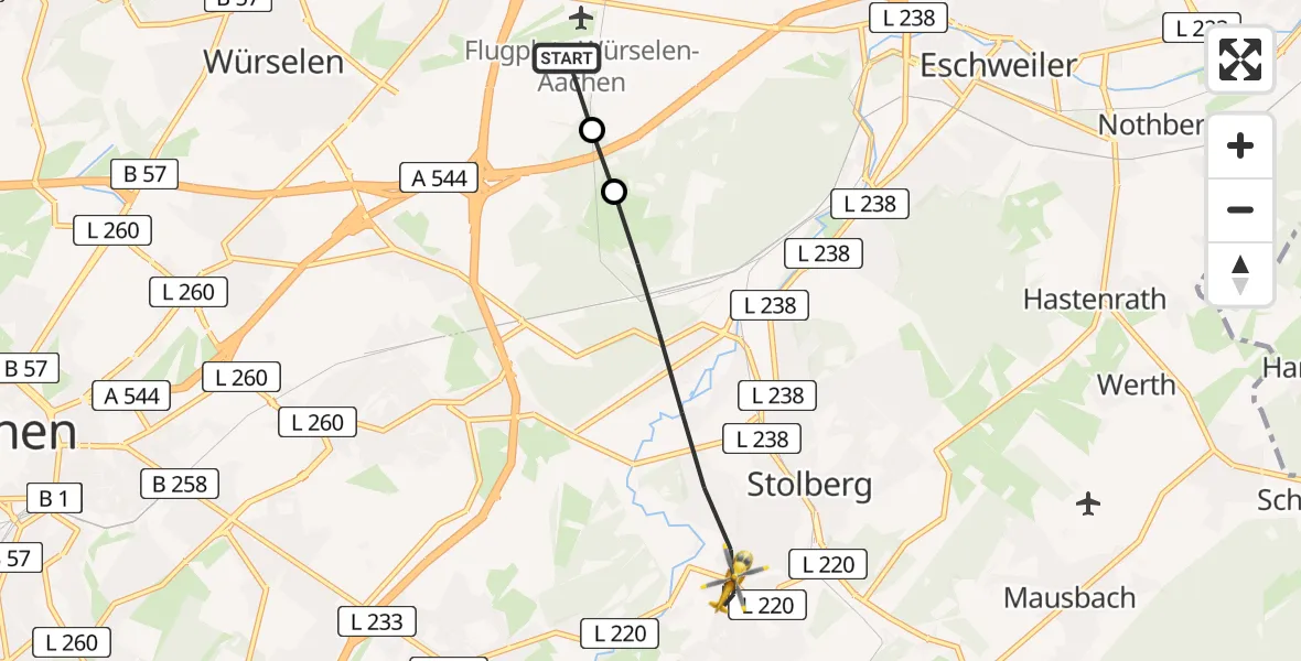 Flugroute Rettungshubschrauber Aachen-Merzbrück Flughafen - Stolberg (Rhld.), 23 Juli 2026, 15:41