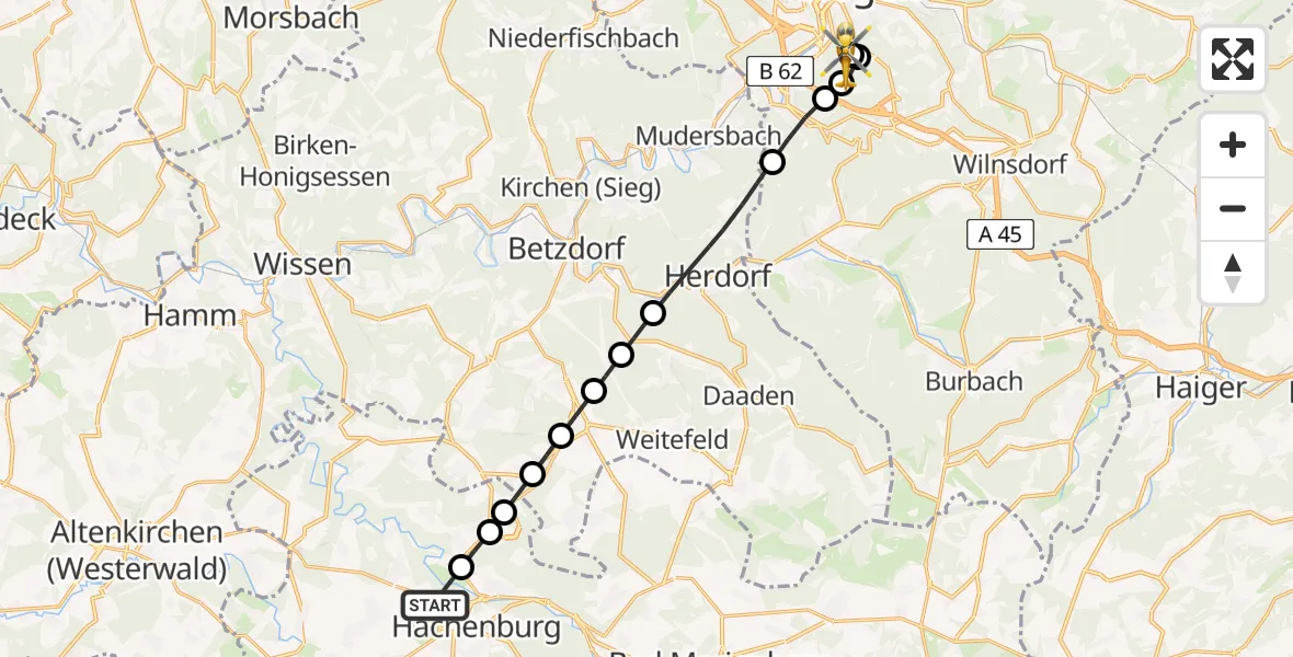 Flugroute Rettungshubschrauber Hachenburg - Evangelisches Jung-Stilling Hospital, 23 Juli 2026, 15:43
