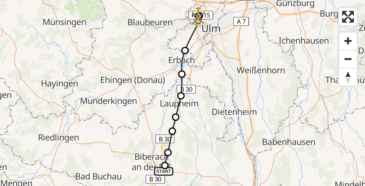 Flugroute Rettungshubschrauber Ummendorf - Ulm Military Hospital Emergency, 23 Juli 2026, 15:48