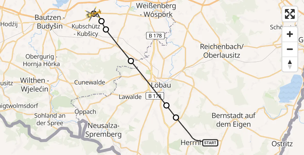 Flugroute Rettungshubschrauber Herrnhut - Bautzen Flugplatz, 23 Juli 2026, 15:48