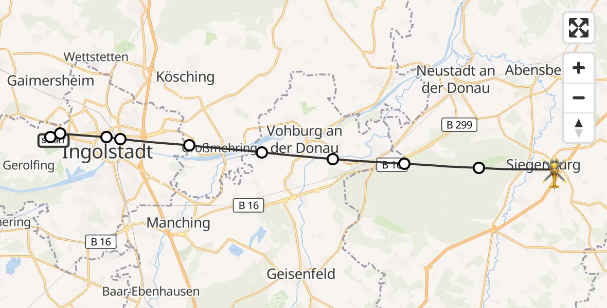 Flugroute Rettungshubschrauber Ingolstadt Hospital - Siegenburg, 23 Juli 2026, 15:48