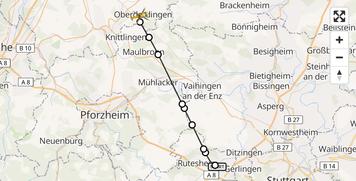 Flugroute Rettungshubschrauber Leonberg Hospital - Oberderdingen, 23 Juli 2026, 15:54