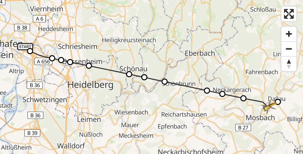 Flugroute Rettungshubschrauber Mannheim-City Flughafen - Elztal, 23 Juli 2026, 15:58