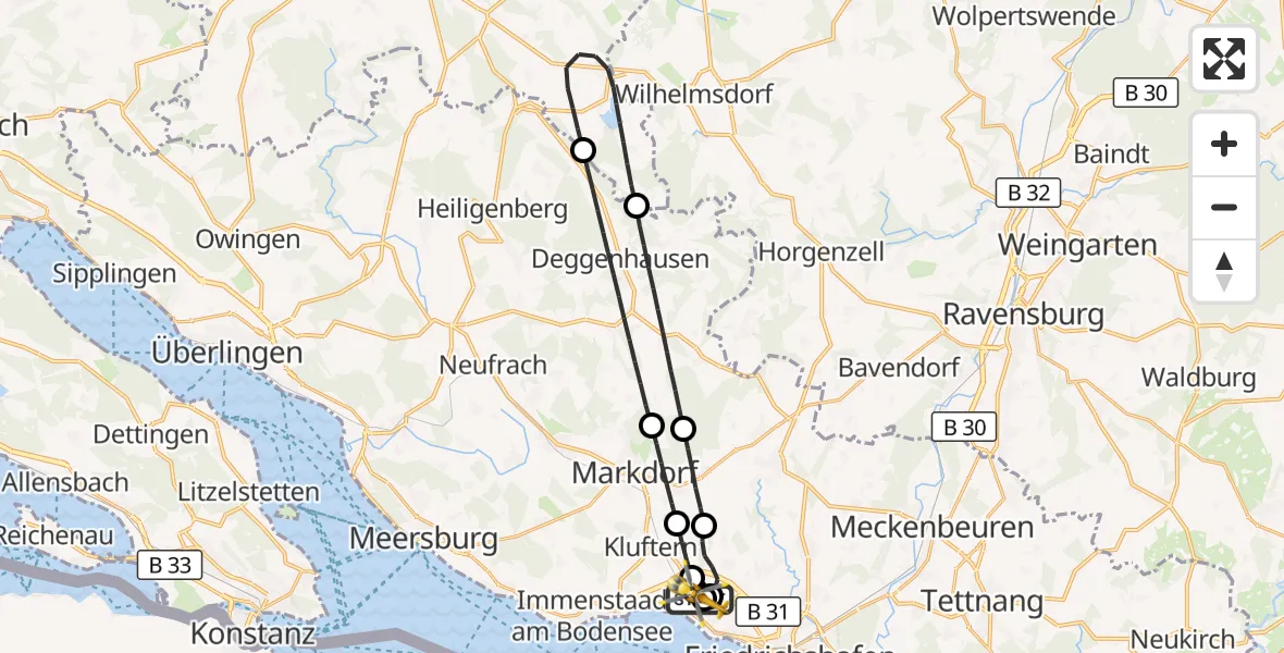 Flugroute Rettungshubschrauber Friedrichshafen Hospital - Friedrichshafen Hospital, 23 Juli 2026, 15:58