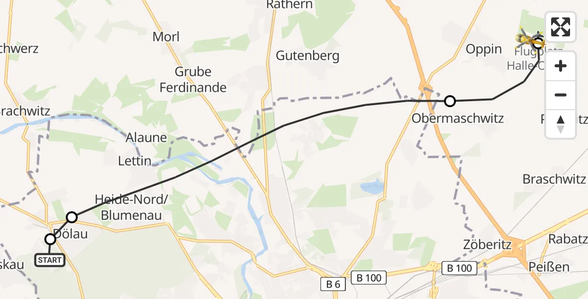 Flugroute Rettungshubschrauber Martha-Maria Halle-Dölau Hospital - Halle-Oppin Flugplatz, 23 Juli 2026, 15:59