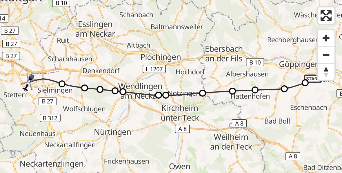 Flugroute Polizeihubschrauber Göppingen - Flughafen Stuttgart, 23 Juli 2026, 16:02