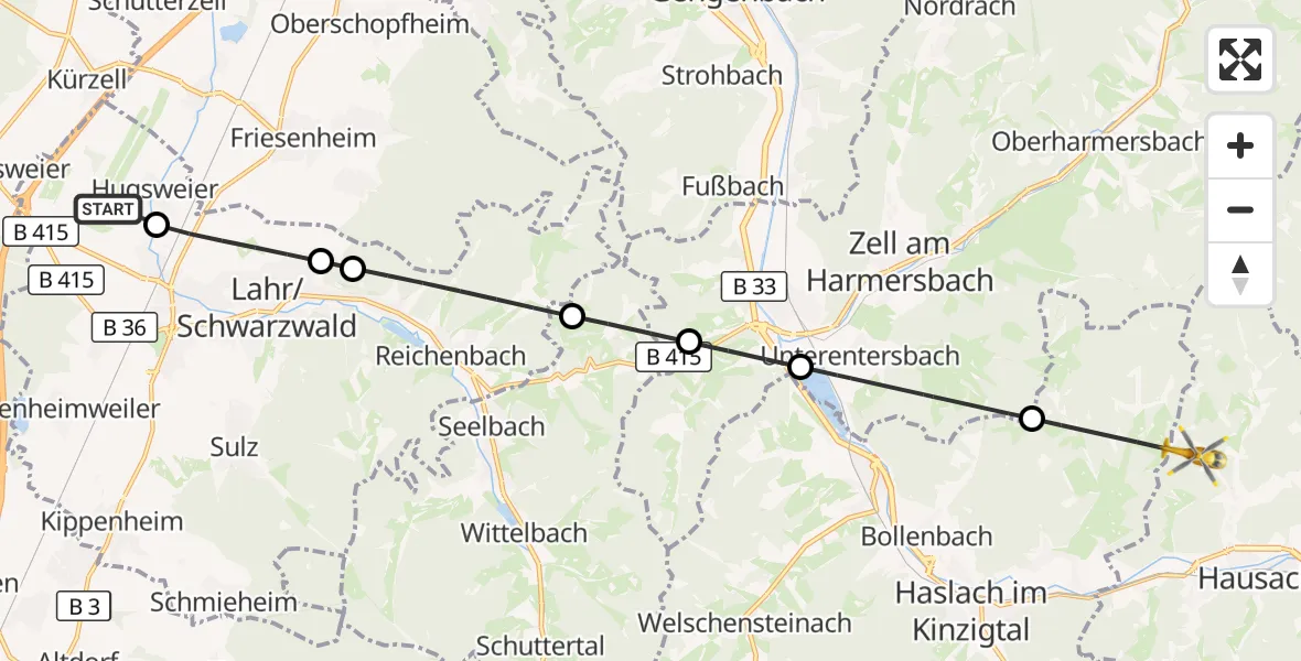 Flugroute Rettungshubschrauber Lahr Flughafen - Hausach, 23 Juli 2026, 16:04