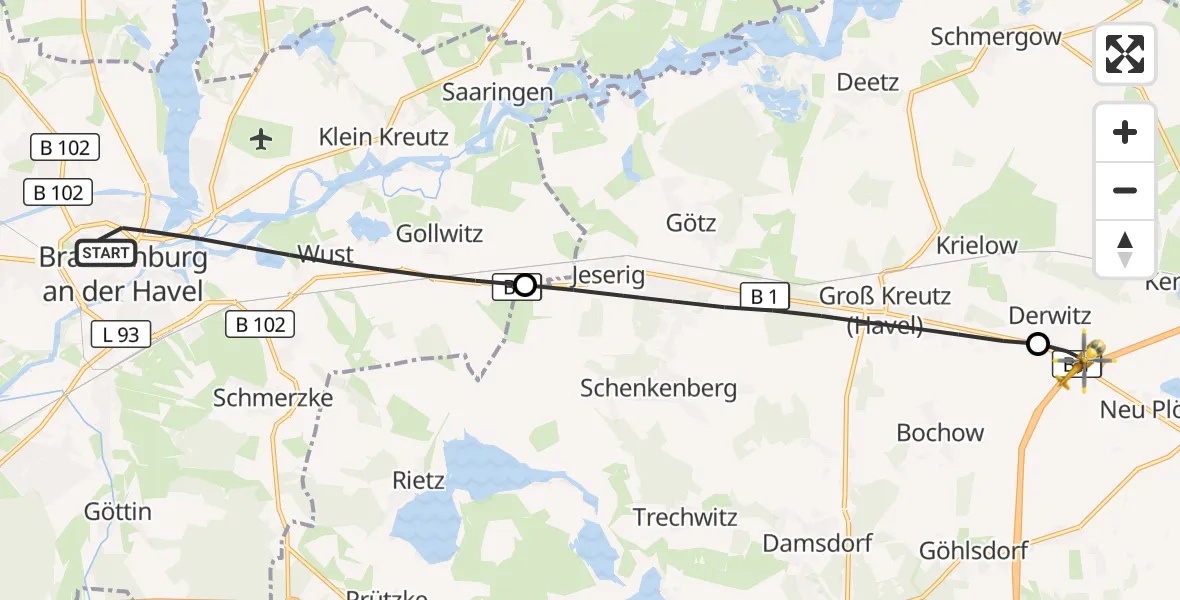 Flugroute Rettungshubschrauber Brandenburg an der Havel - Werder (Havel), 23 Juli 2026, 16:05