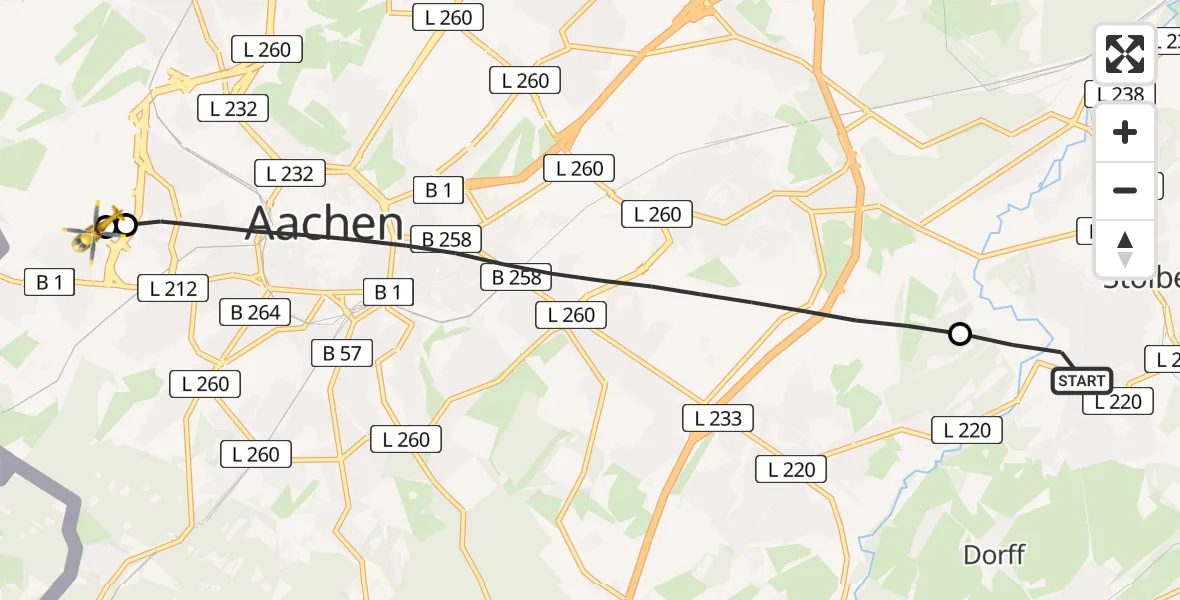 Flugroute Rettungshubschrauber Stolberg (Rhld.) - Aachen Hospital, 23 Juli 2026, 16:06