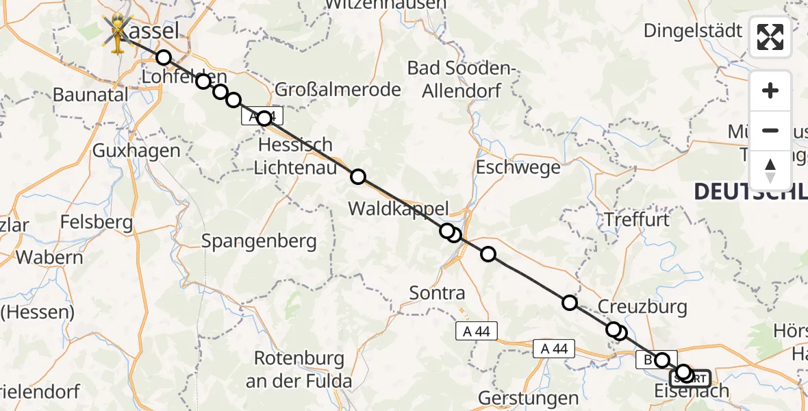 Flugroute Rettungshubschrauber Sankt Georg Hospital Eisenach - Kassel, 23 Juli 2026, 16:12