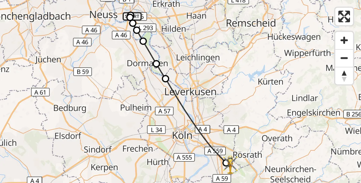 Flugroute Rettungshubschrauber Düsseldorf University Hospital - Köln Bonn Flughafen, 23 Juli 2026, 16:19