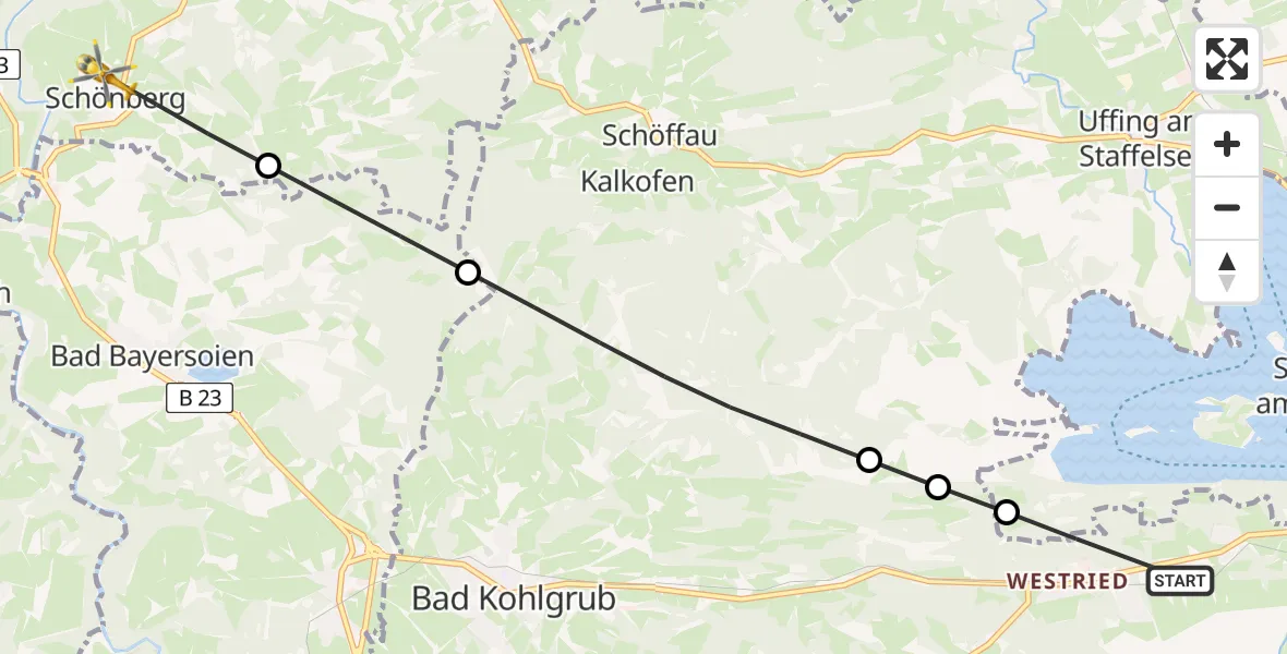 Flugroute Rettungshubschrauber Murnau a.Staffelsee - Rottenbuch, 23 Juli 2026, 16:23